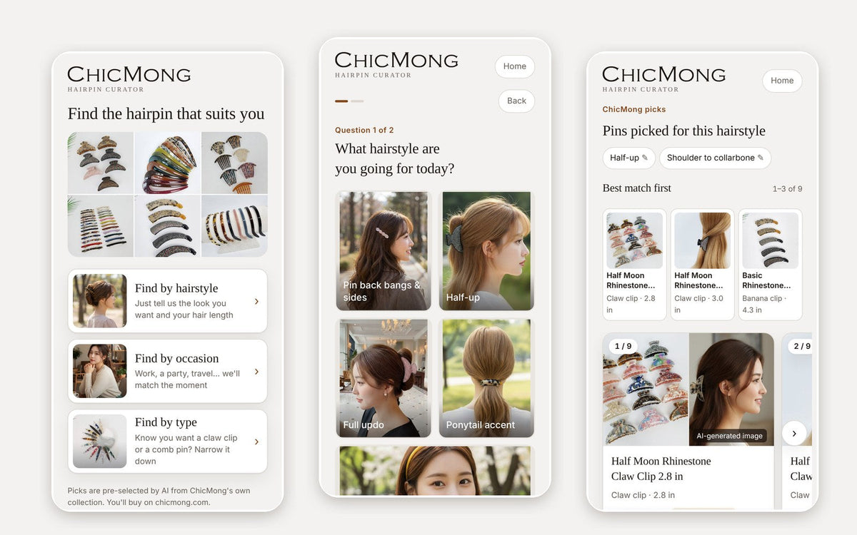 ChicMong Hairpin Curator screens on a phone