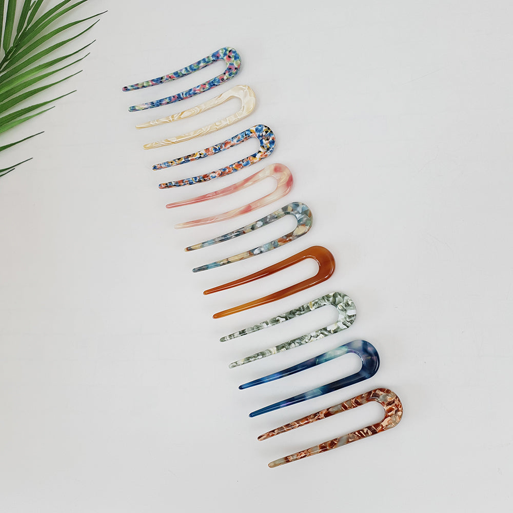 Straight U-Shape Hair Stick 3.9 in – Tortoise Shell Marble, French Pin