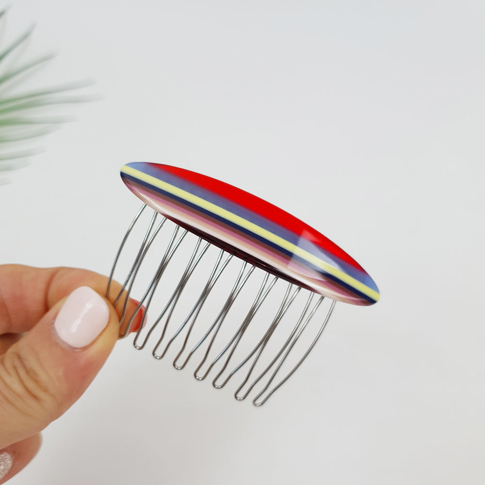 Long Round Hair Comb Pin 2.8 in – 5 Red Stripe