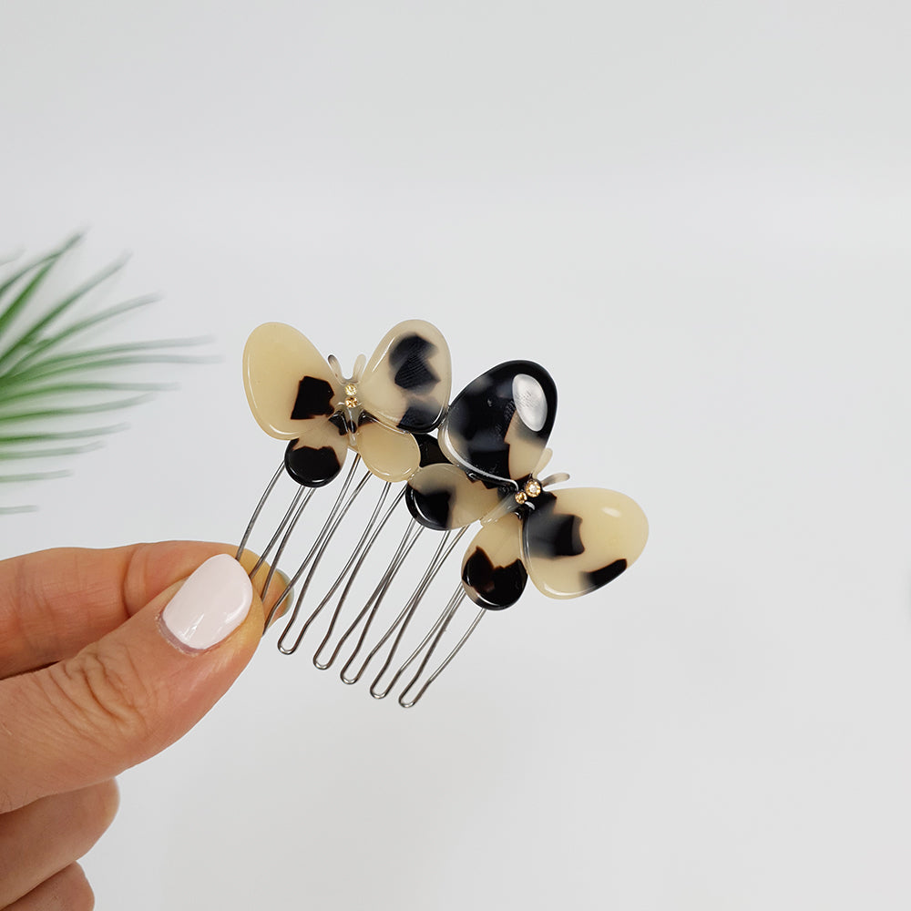 Twin Butterfly Hair Comb Pin 2.8 in – 1 Leopard Beige