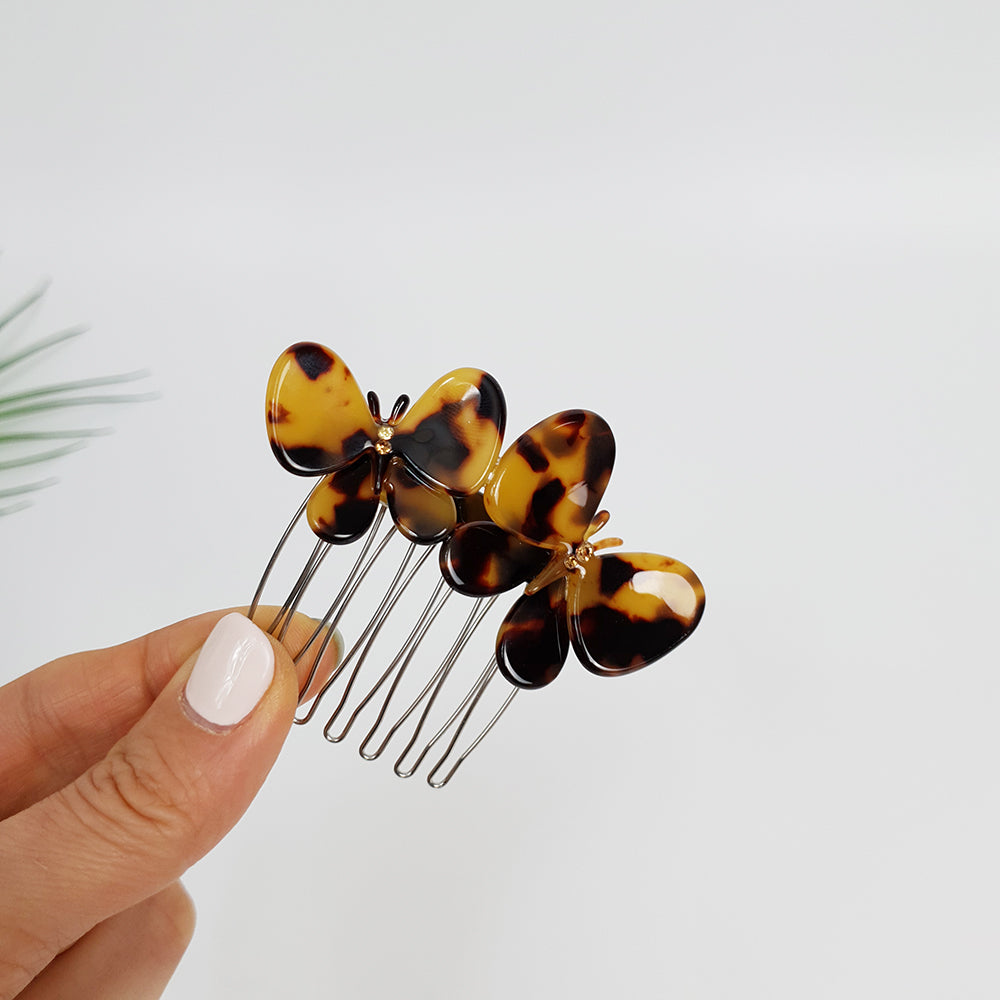 Twin Butterfly Hair Comb Pin 2.8 in – 2 Leopard Brown