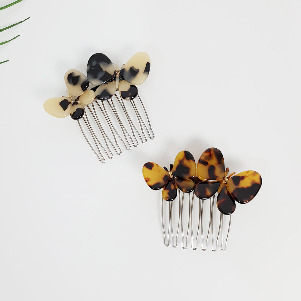 Twin Butterfly Hair Comb Pin 2.8 in – Tortoise Shell, Cubic, French Pin