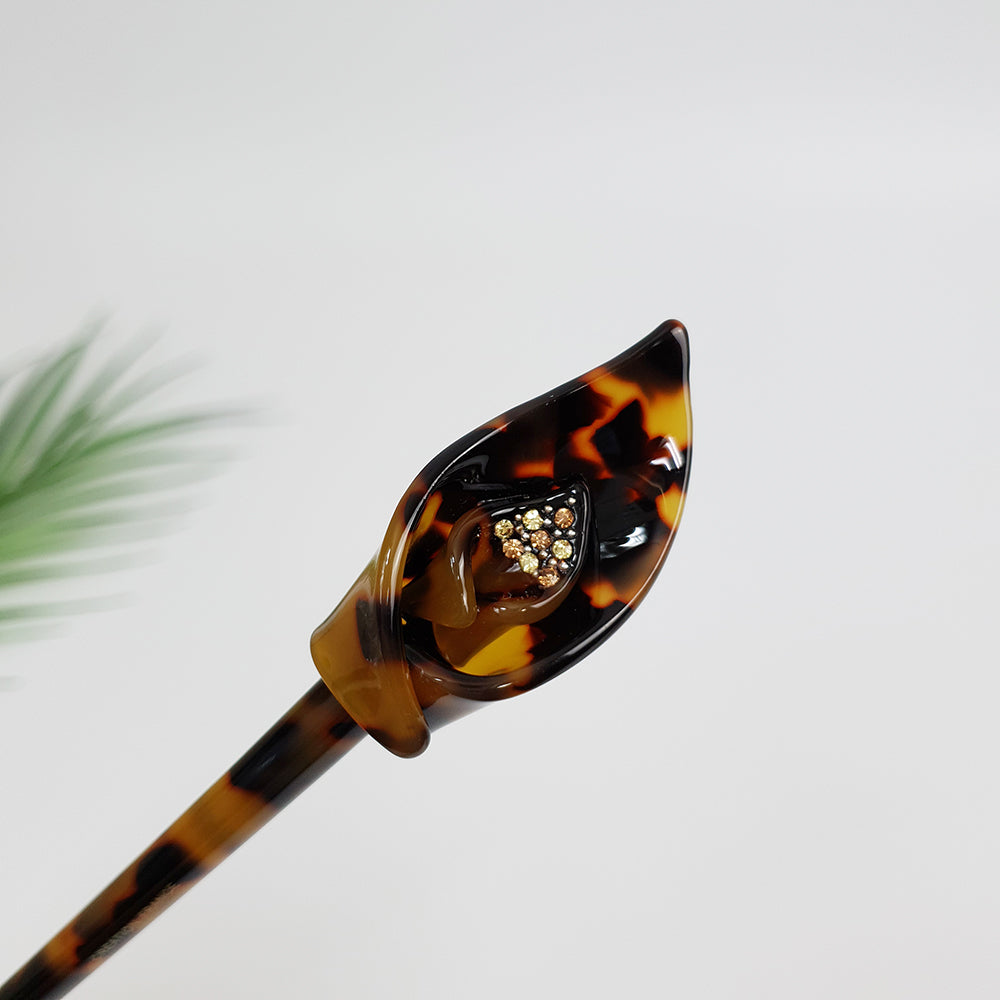 Flower Bud Hair Stick 8.7 in – Tortoise Shell Marble, Cubic, French Pin