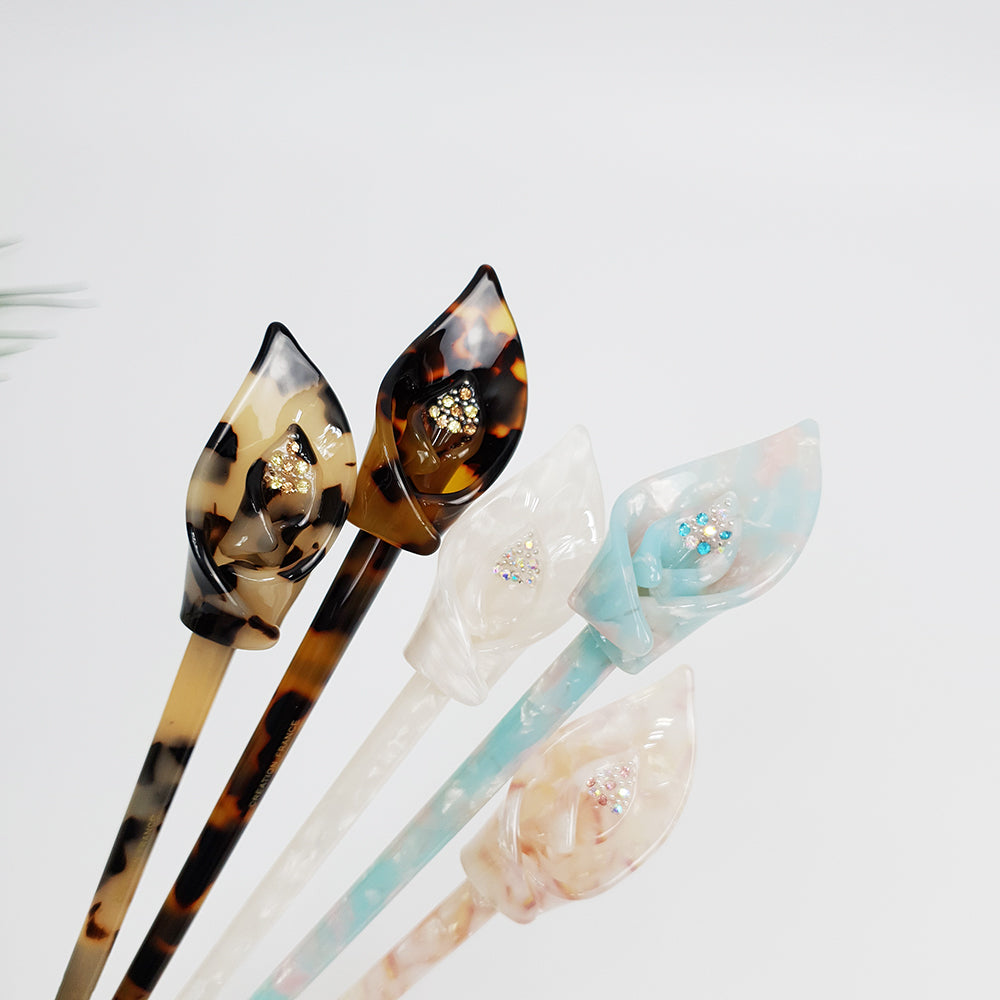 Flower Bud Hair Stick 8.7 in – Tortoise Shell Marble, Cubic, French Pin