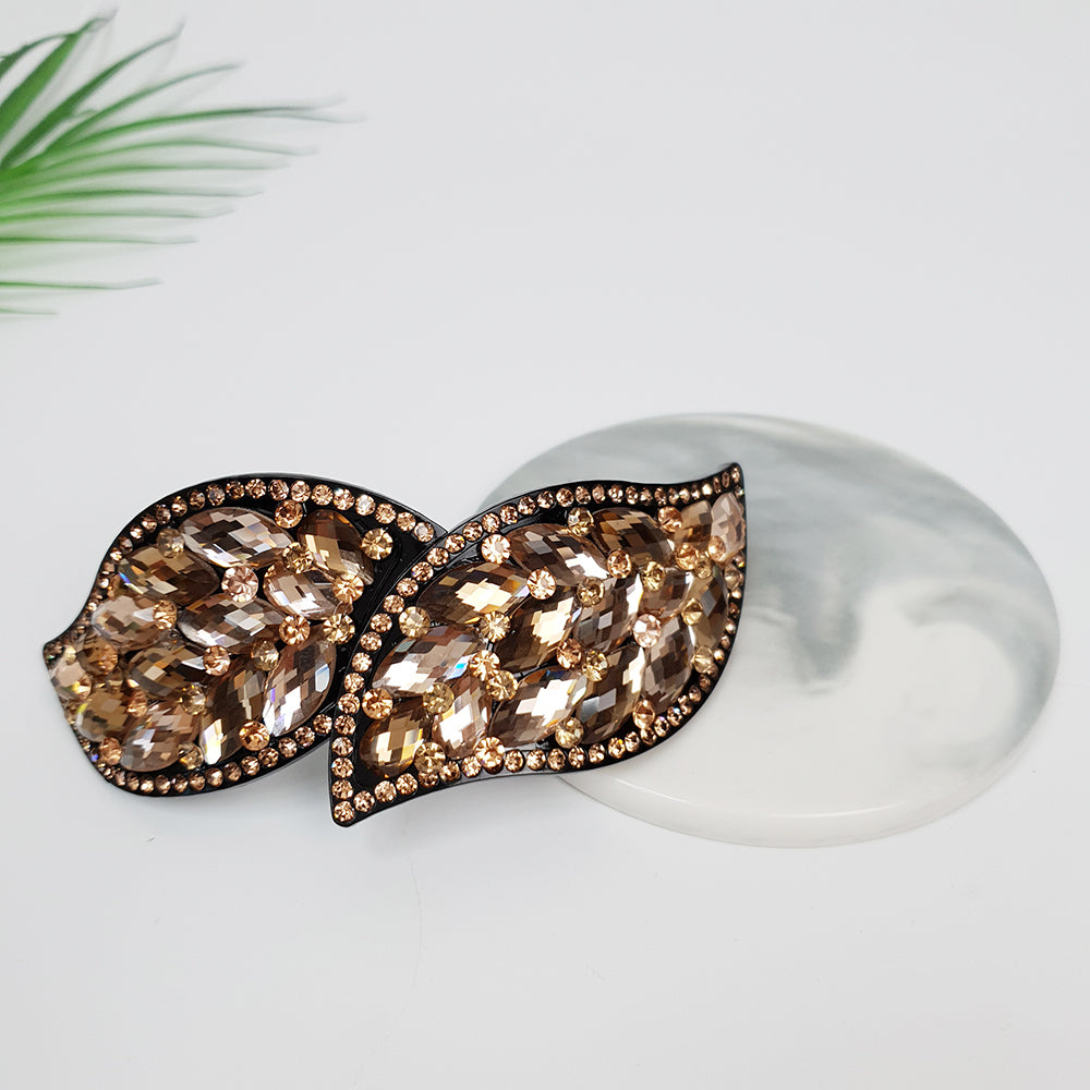 Crystal Leaf Long Hair Barrette 4.3 in – 6 Champagne Gold