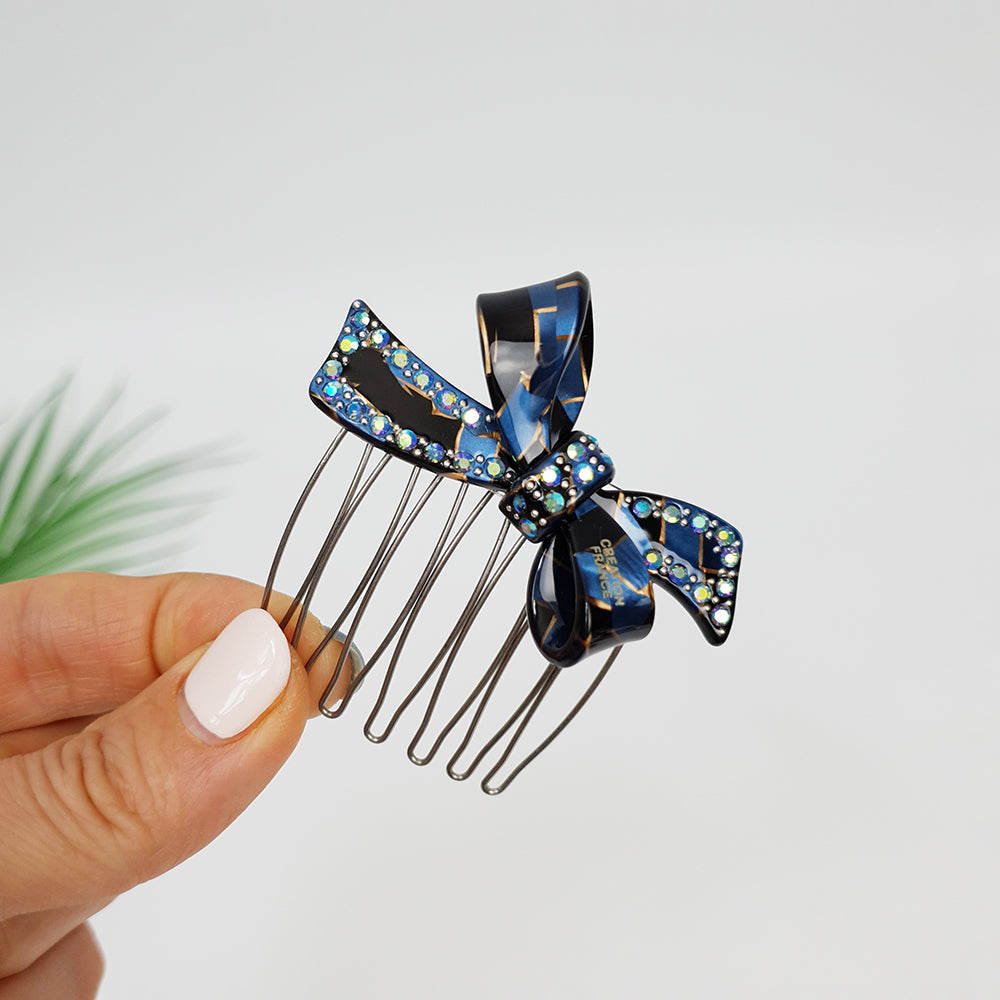 Double Ribbon Hair Comb Pin 2.2 in – 4 Art Navy