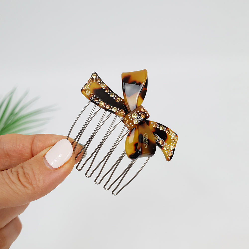 Double Ribbon Hair Comb Pin 2.2 in – 2 Leopard Brown