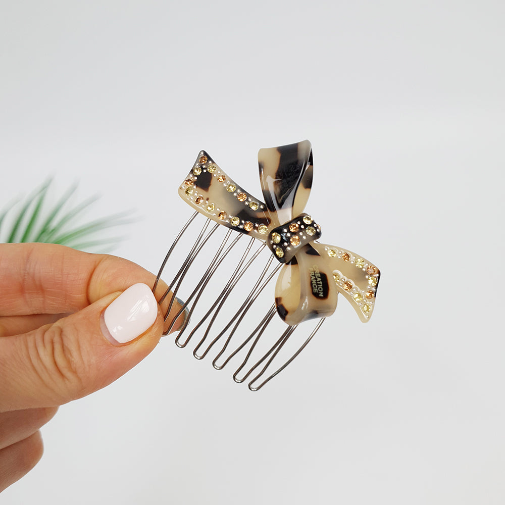 Double Ribbon Hair Comb Pin 2.2 in – 1 Leopard Beige