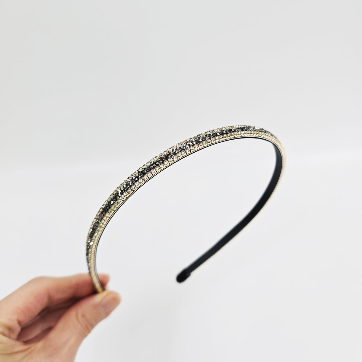 Double Line Crystal Thin Headband 0.3 in wide – 2 Charcoal Crystal