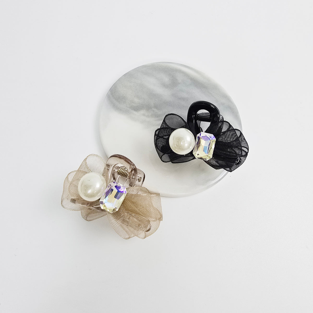 Organza Bow Mini Hair Claw Clip 1.8 in – Pearl, Cubic, Sheer, French-style