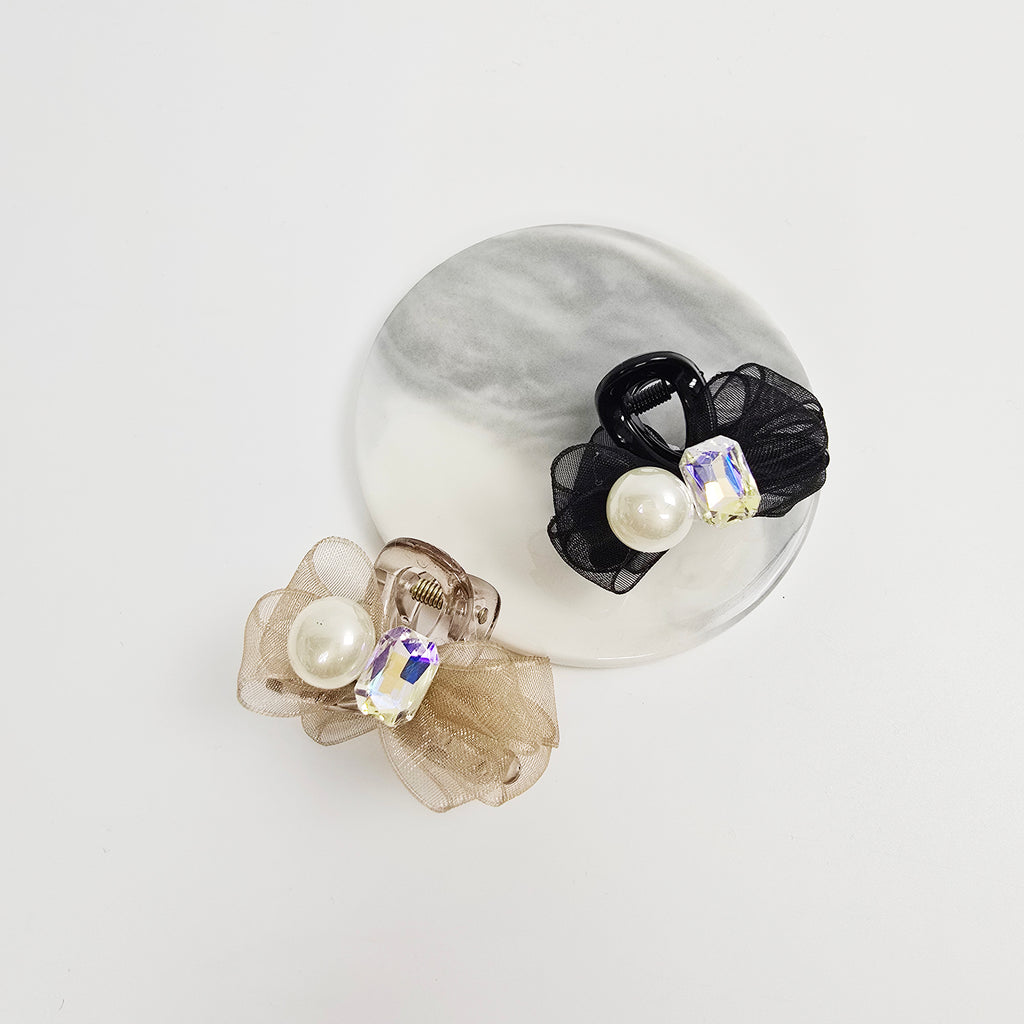 Organza Bow Mini Hair Claw Clip 1.8 in – Pearl, Cubic, Sheer, French-style