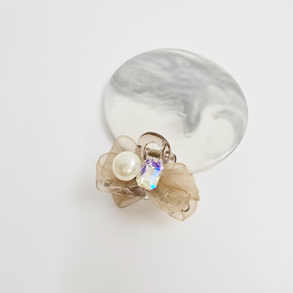 Organza Bow Mini Hair Claw Clip 1.8 in – Pearl, Cubic, Sheer, French-style