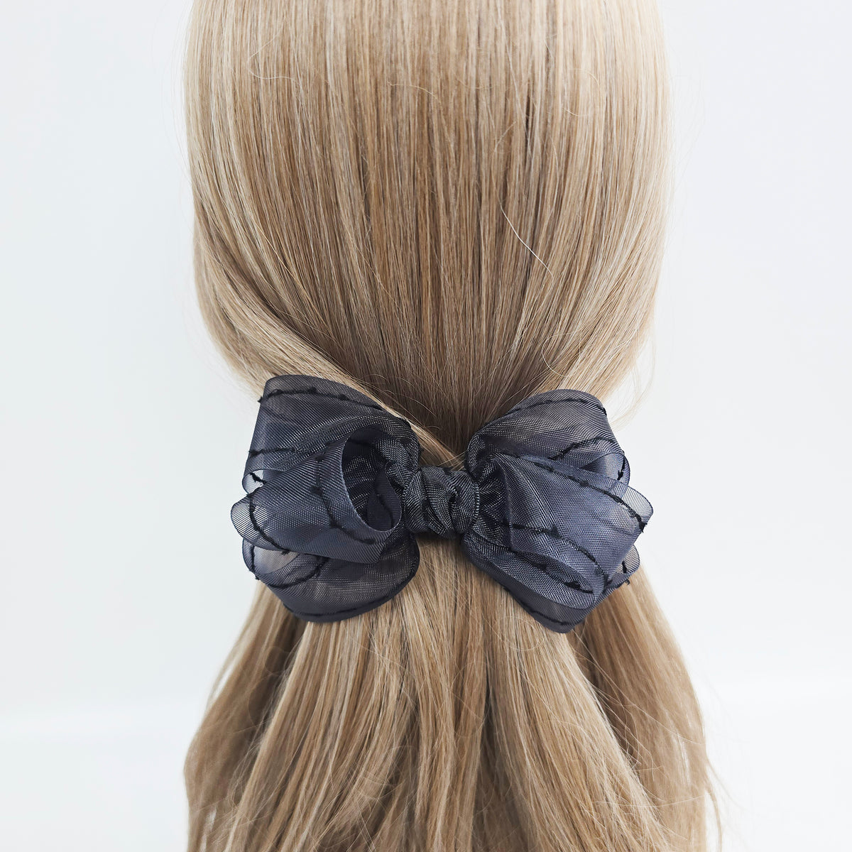 Stitched Organza Big Bow Hair Barrette 5.5 in – Satin, Sheer, French Pin