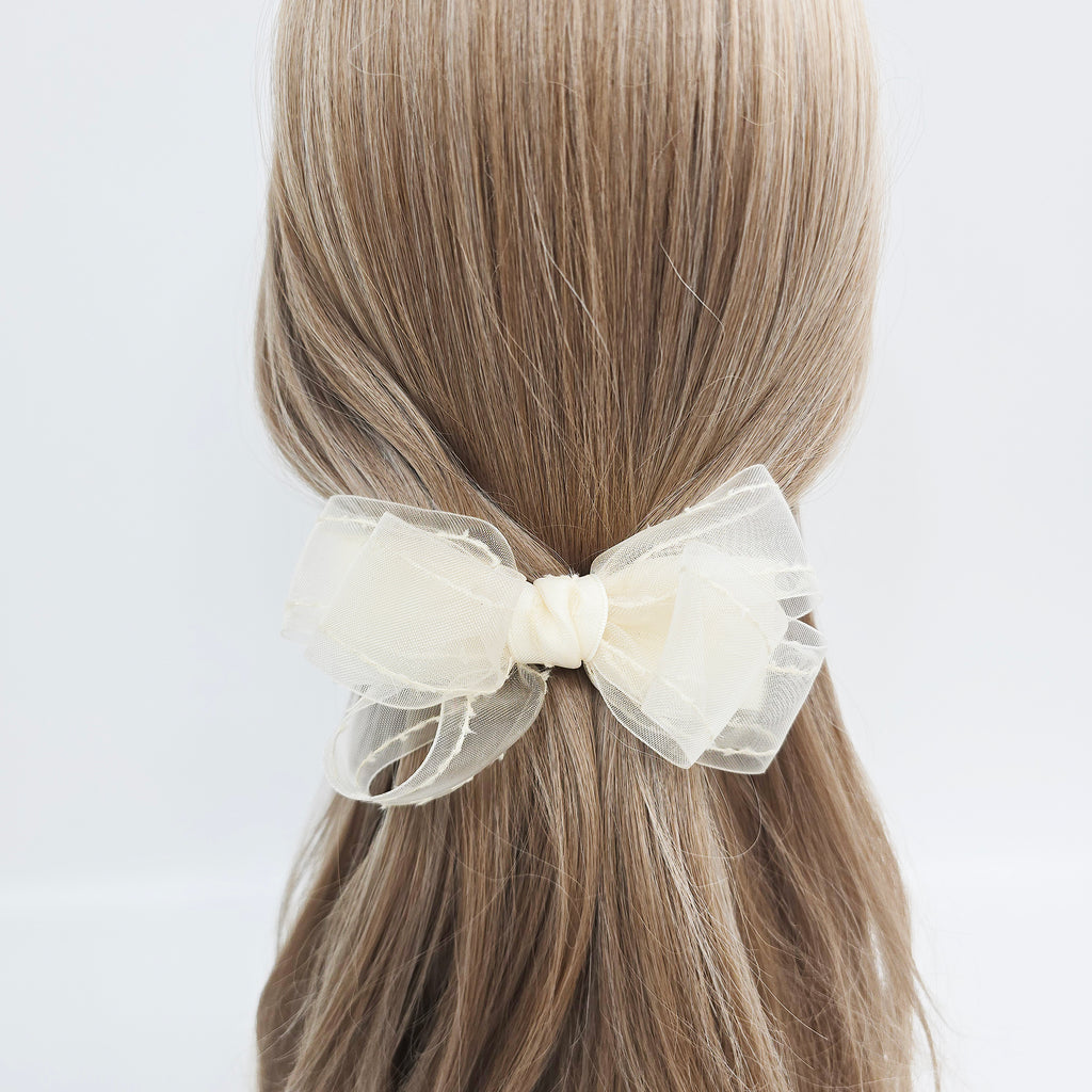 Stitched Organza Big Bow Hair Barrette 5.5 in – Satin, Sheer, French Pin