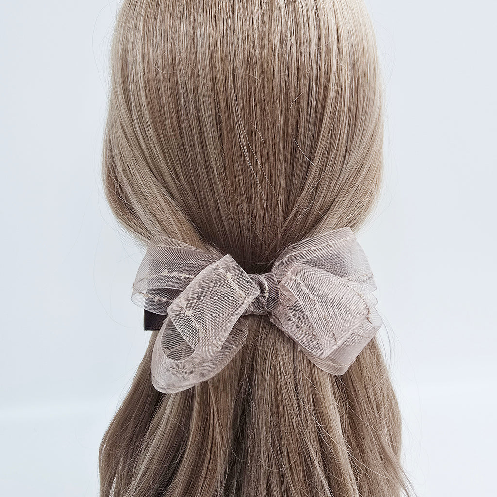 Stitched Organza Big Bow Hair Barrette 5.5 in – Satin, Sheer, French Pin