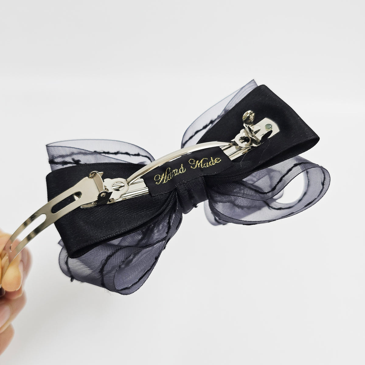Stitched Organza Big Bow Hair Barrette 5.5 in – Satin, Sheer, French Pin