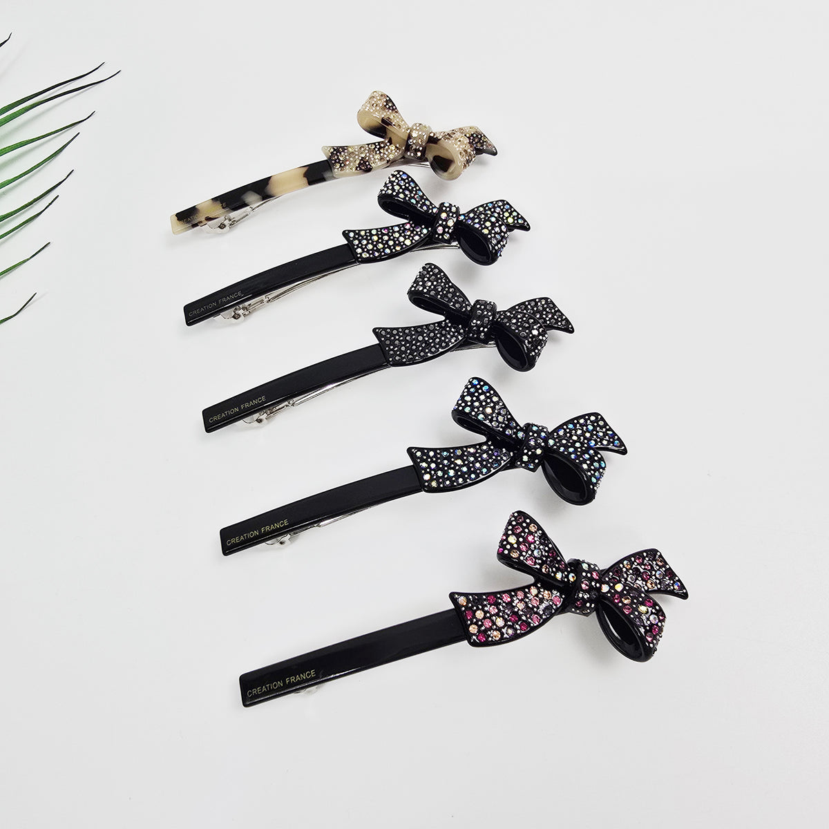 Double Bow Cubic Hair Barrette 4.3 in – Tortoise Shell & Aurora, French Pin