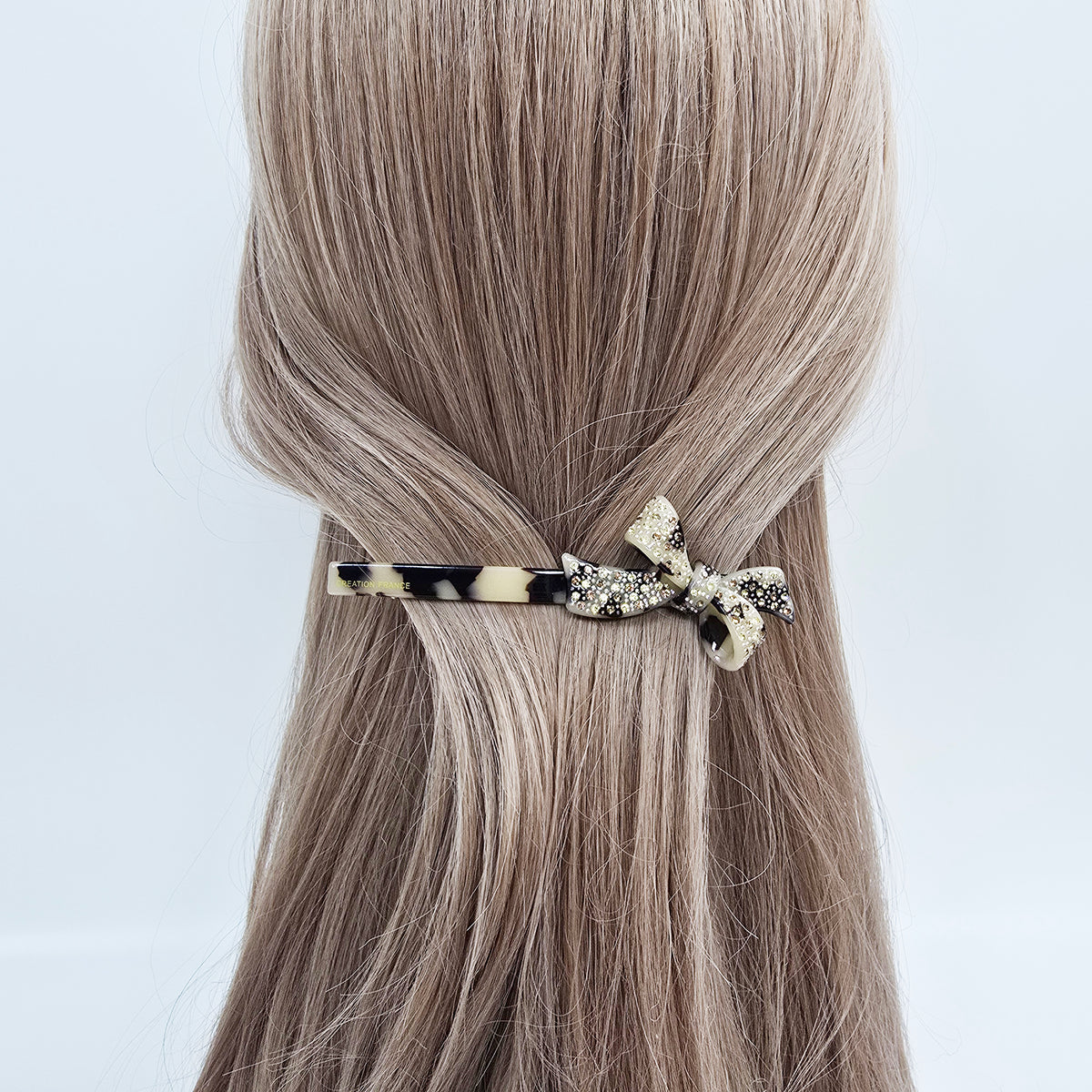 Double Bow Cubic Hair Barrette 4.3 in – Tortoise Shell & Aurora, French Pin