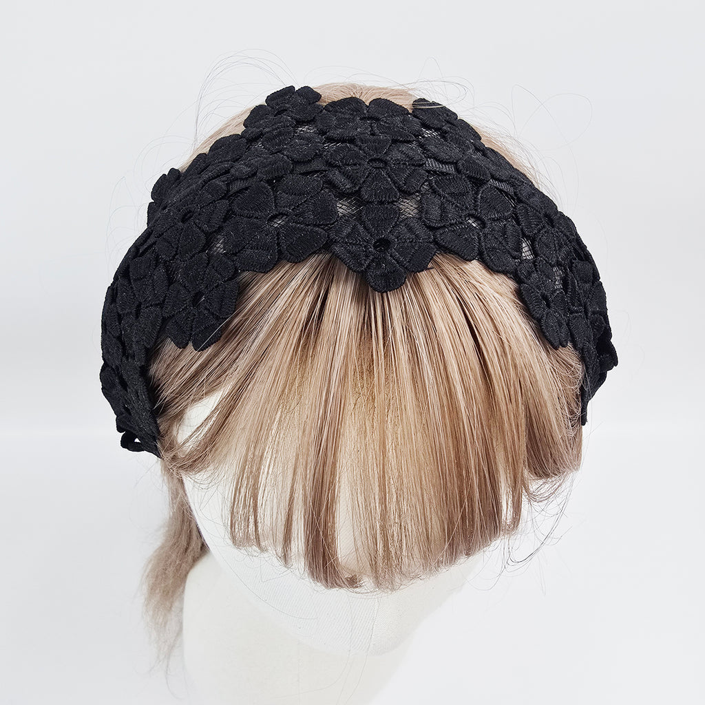 Dahlia Lace Wide Headband 3.1 in wide – 3D Floral Embroidery, French-style