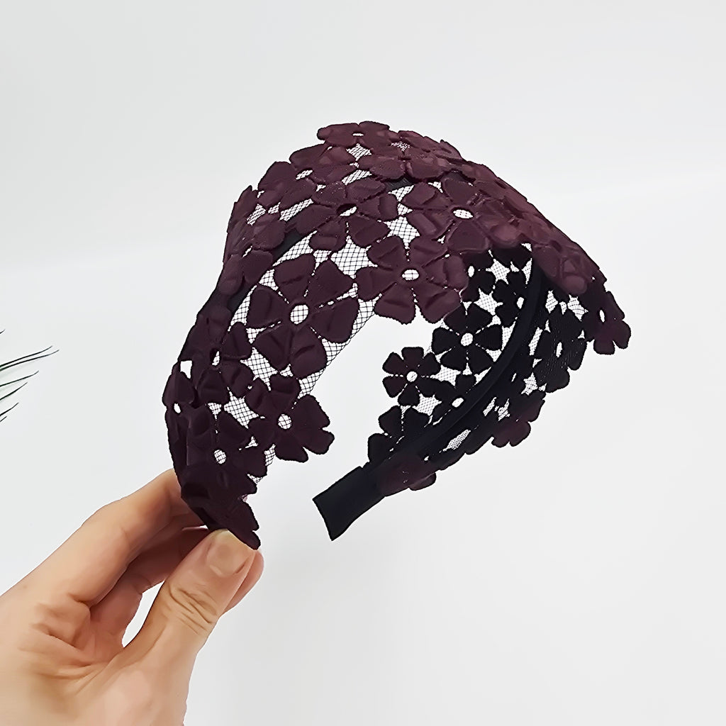 Dahlia Lace Wide Headband 3.1 in wide – 3D Floral Embroidery, French-style