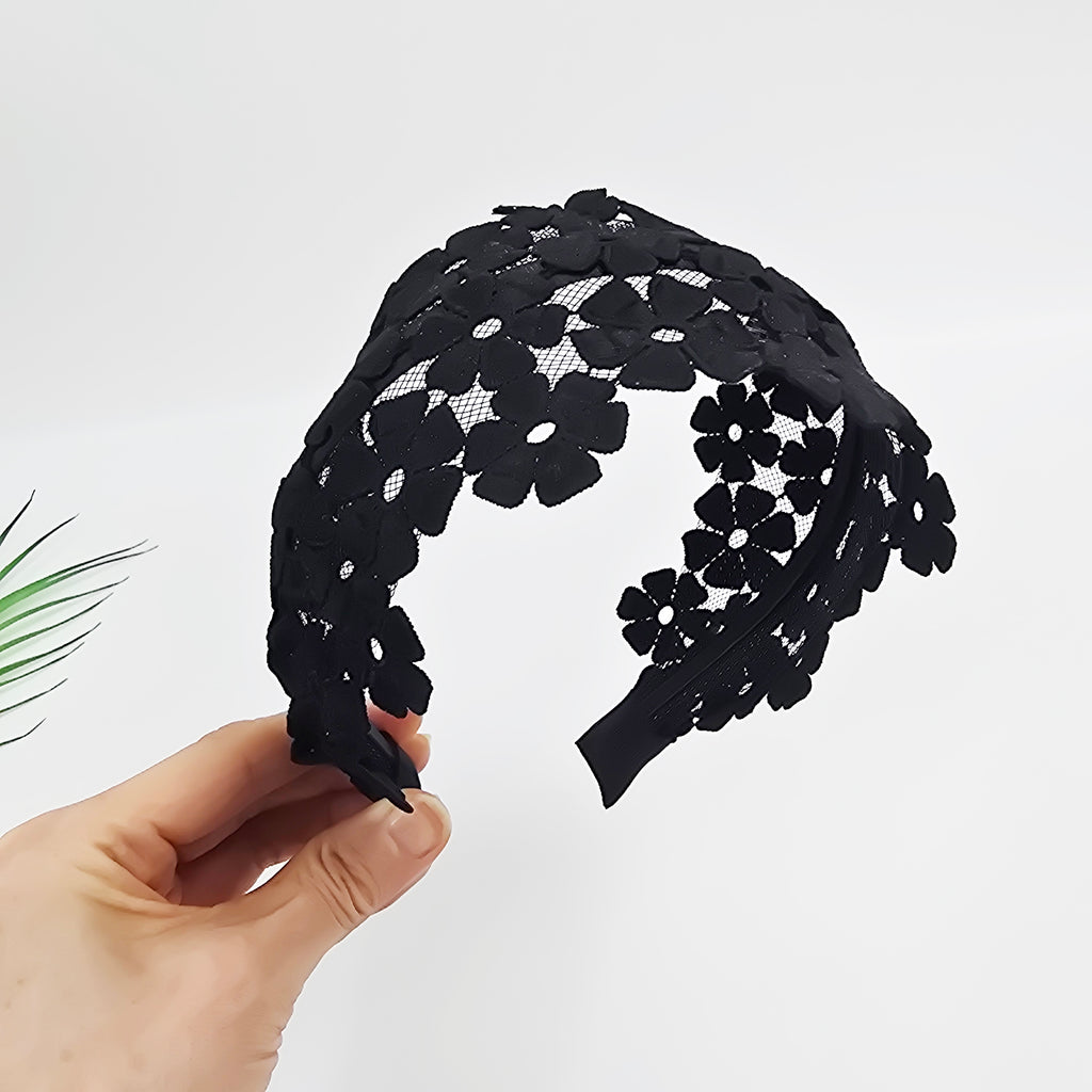 Dahlia Lace Wide Headband 3.1 in wide – 3D Floral Embroidery, French-style