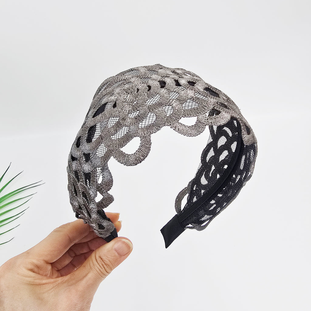 Shine Lace Wide Headband 3.3 in wide – Embroidered Scallop, French-style
