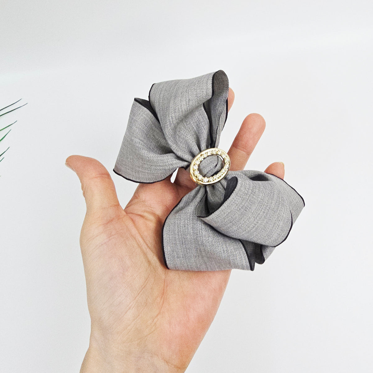 Arte Jewel Big Bow Hair Barrette 5.1 in – Fabric, Gold Cubic, French Pin