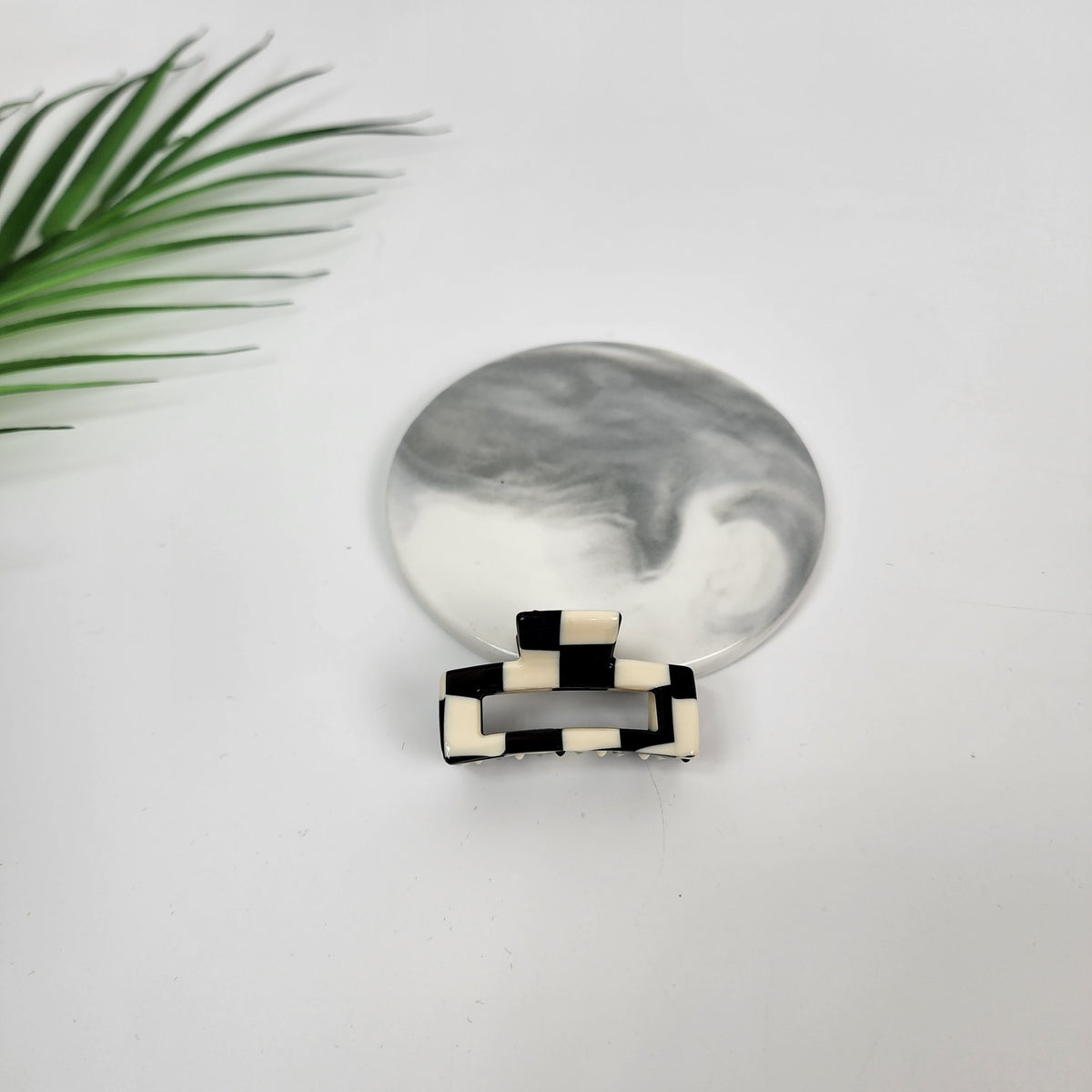 Mini square hair claw clip in 45 Checker Board, black and ivory block pattern