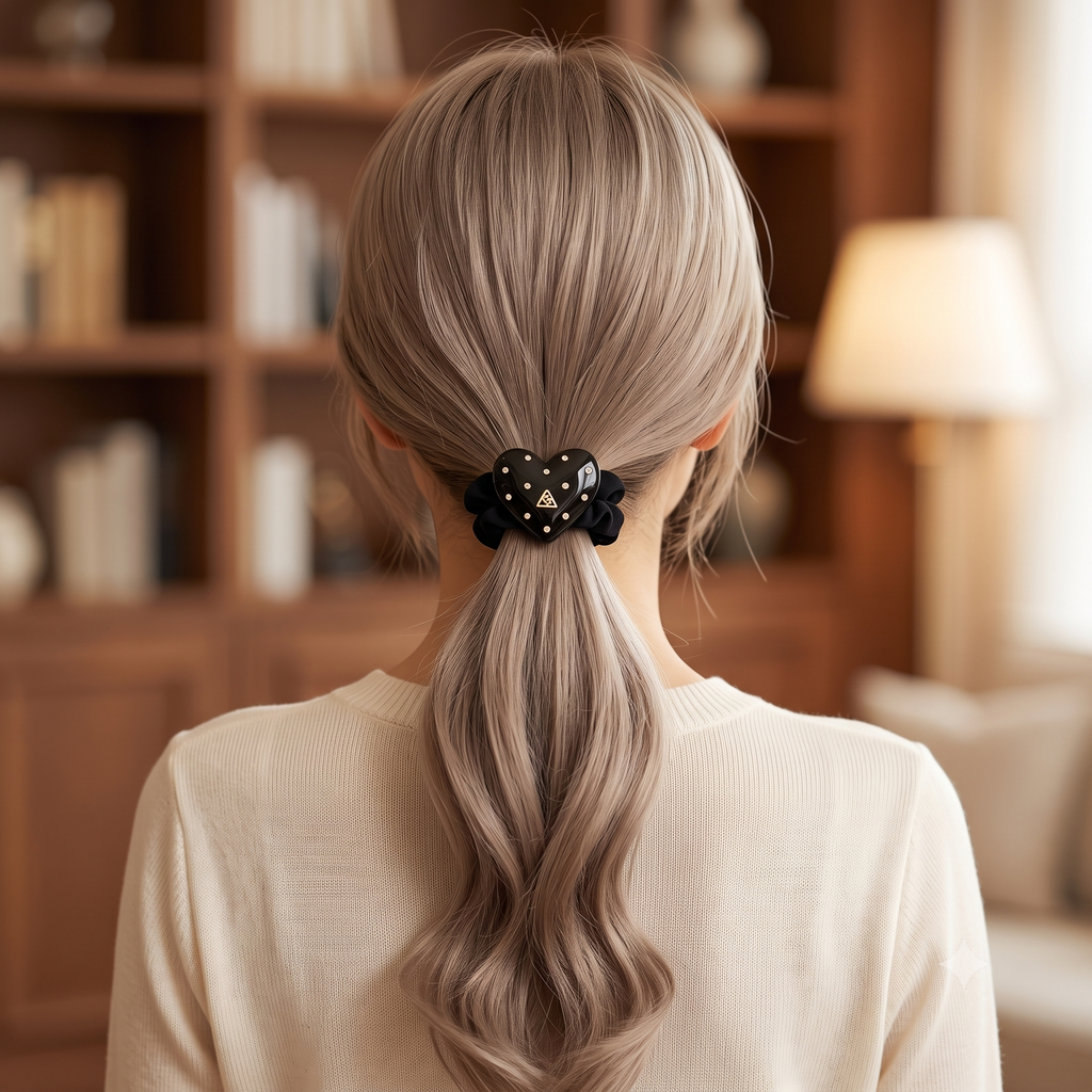 Cubic Heart Scrunchie Hair Tie 1.4 in – Tortoise Shell, French-style