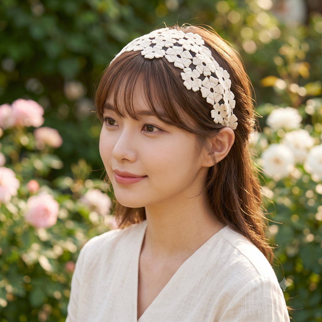 Dahlia Lace Wide Headband 3.1 in wide – 3D Floral Embroidery, French-style