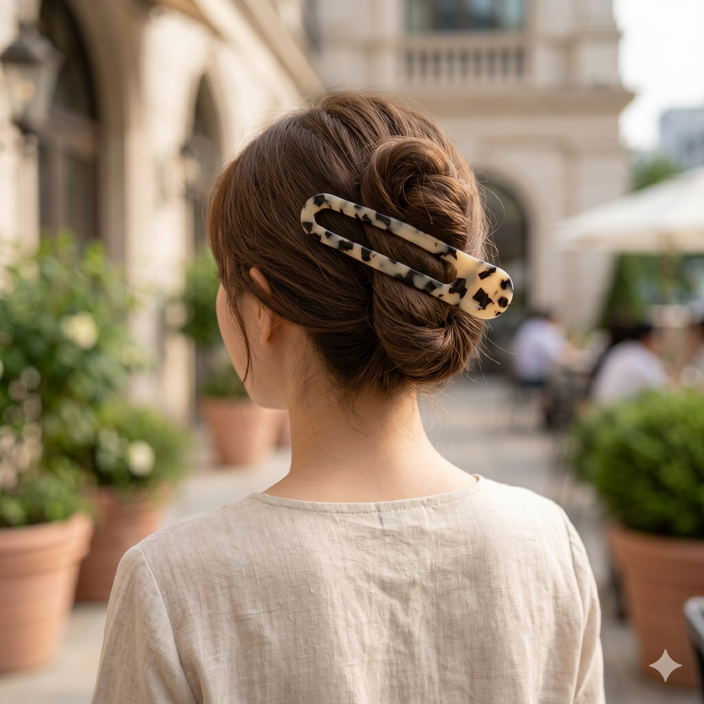 Open Frame Alligator Hair Clip 4.7 in – worn in a twisted updo
