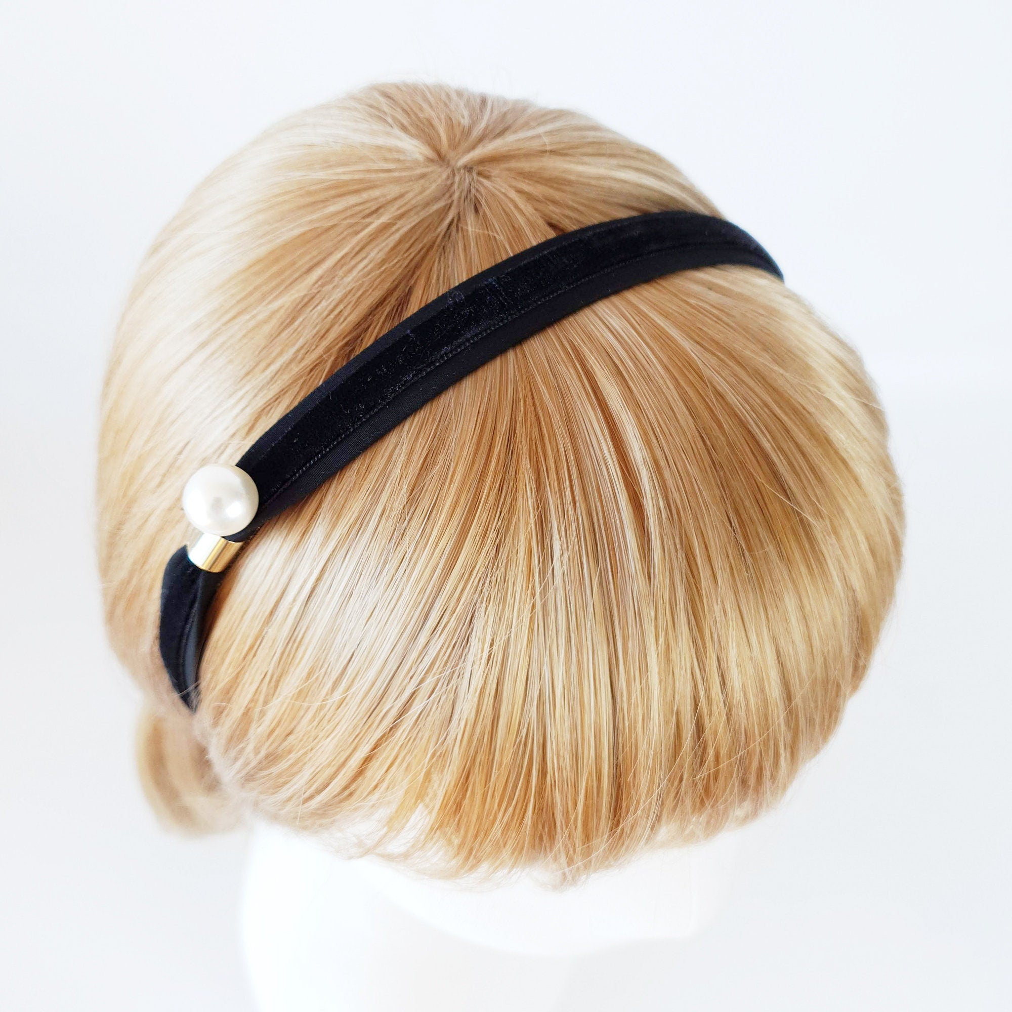 Black Velvet Pearl Headband, Simple Pearl Alice Band, White Ivory Pearl Headpiece for Woman, Handmade Head Wrap, Narrow Classic Headband