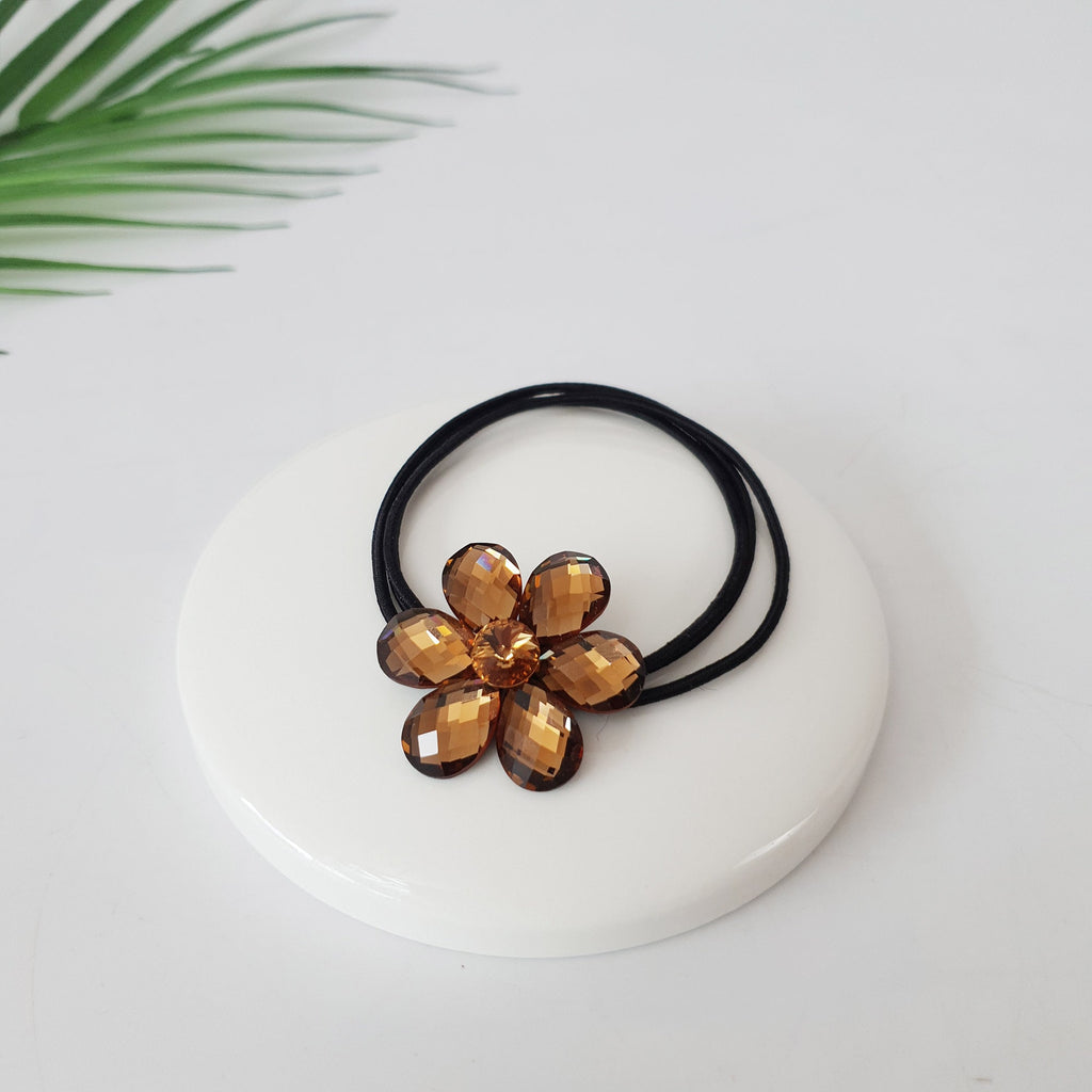 Swarovski Point Glass Flower Hair Tie / Three Line Ponytail Holder / Hair Accessory for Woman
