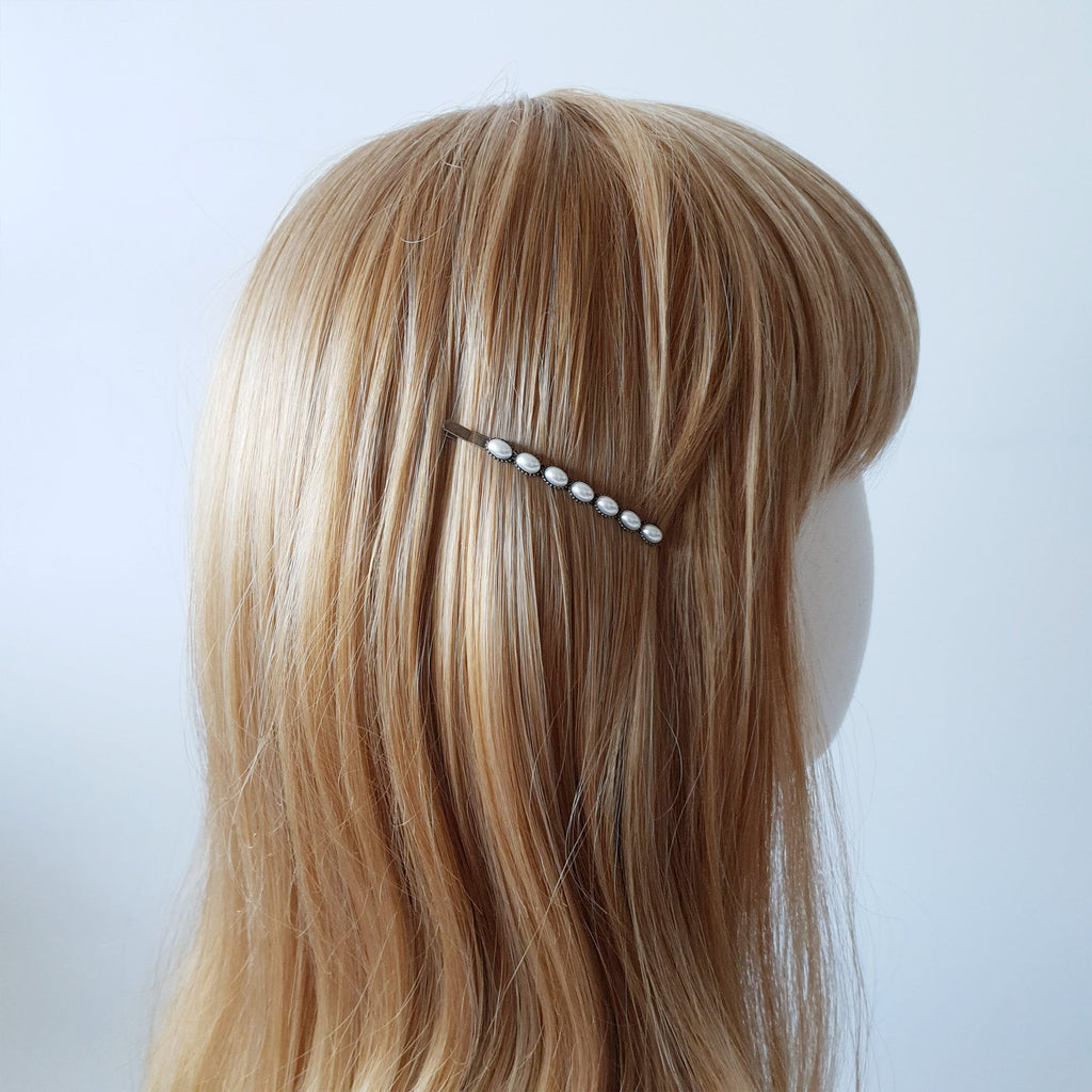 Formica Thin Hair Pin (2.4 Inch ) / Diamond Cut Formica Stone Decorated Barrette / Vintage Antique Hair Accessory for Woman