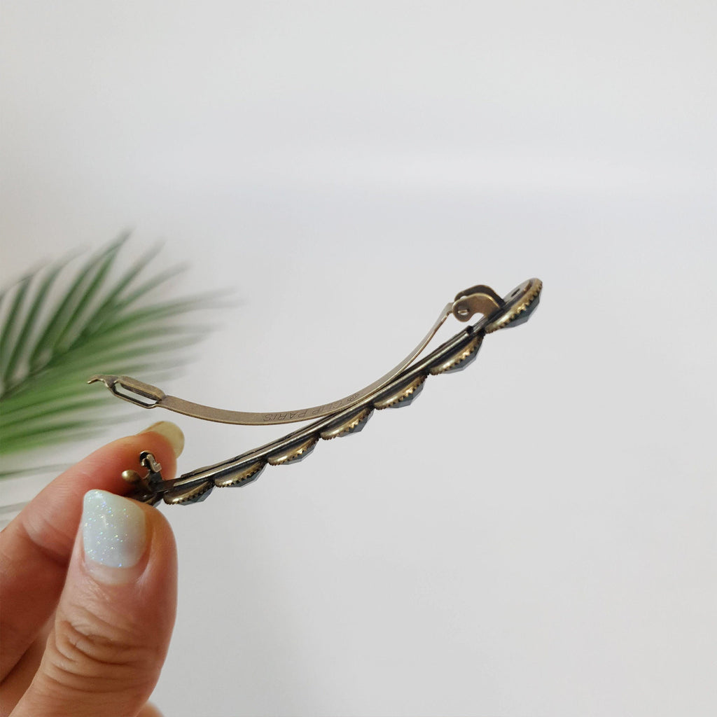 Circle Formica Hair Barrette (3.2 Inch) / Diamond Cut Formica Stone Decorated Barrette / Vintage Antique Hair Accessory / Automatic Hair Pin