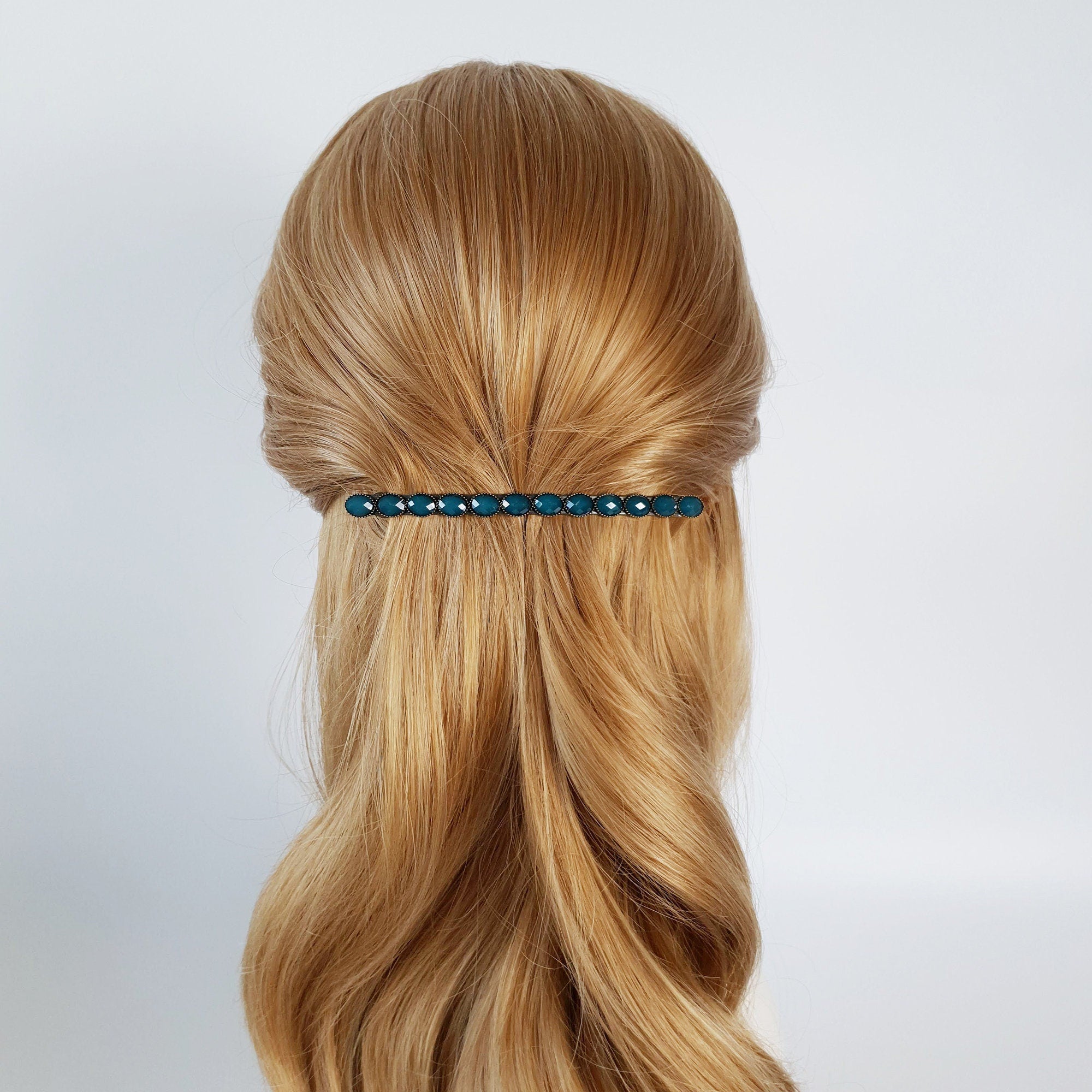 Oval Formica Hair Barrette (4.0 Inch) / Diamond Cut Formica Stone Decorated Barrette / Vintage Antique Hair Accessory / Automatic Hair Pin