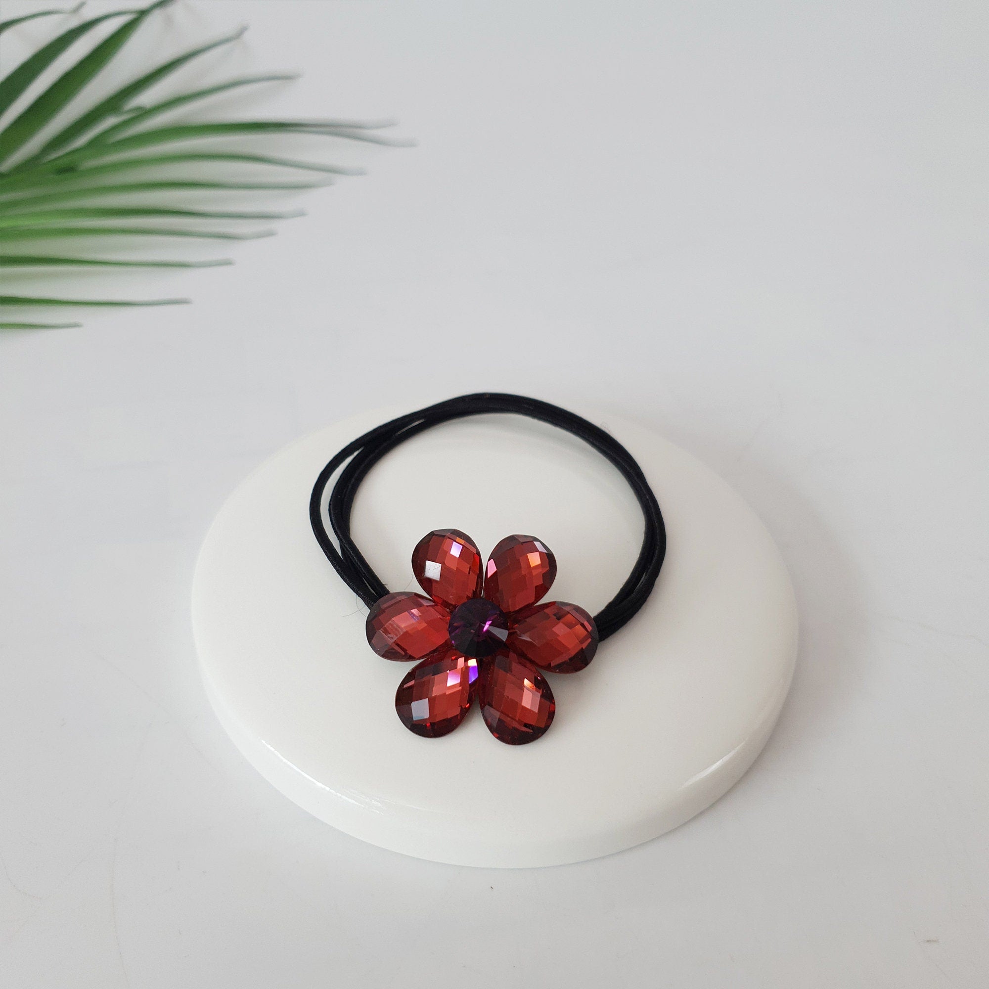 Swarovski Point Glass Flower Hair Tie / Three Line Ponytail Holder / Hair Accessory for Woman