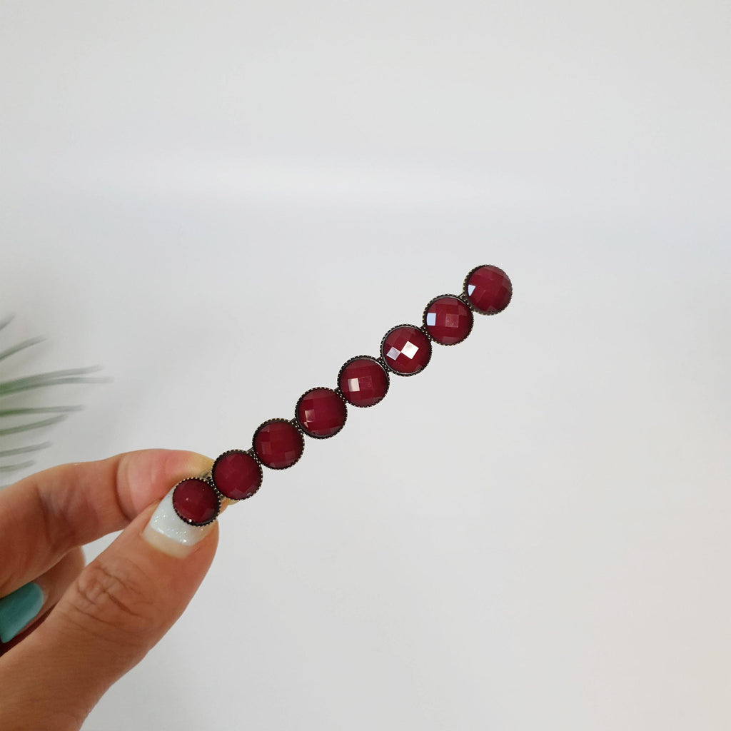 Circle Formica Hair Barrette (3.2 Inch) / Diamond Cut Formica Stone Decorated Barrette / Vintage Antique Hair Accessory / Automatic Hair Pin