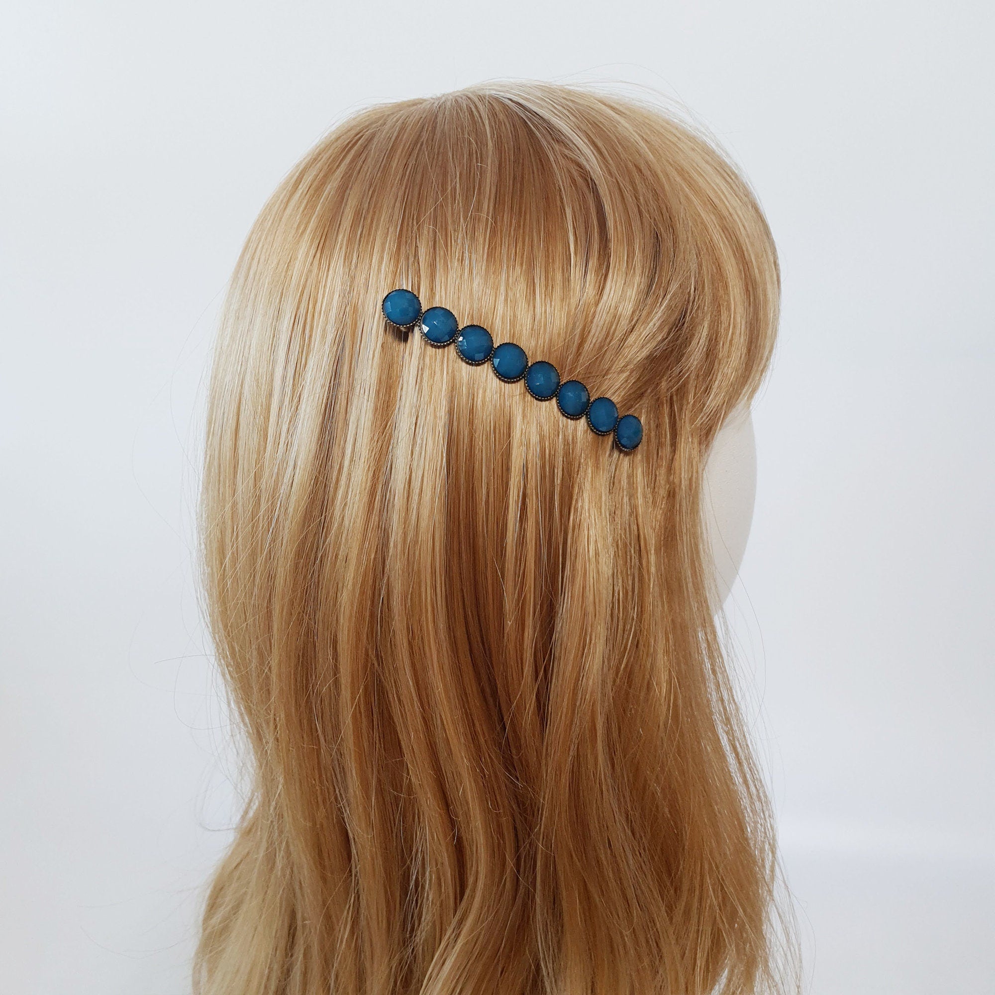 Circle Formica Hair Barrette (3.2 Inch) / Diamond Cut Formica Stone Decorated Barrette / Vintage Antique Hair Accessory / Automatic Hair Pin