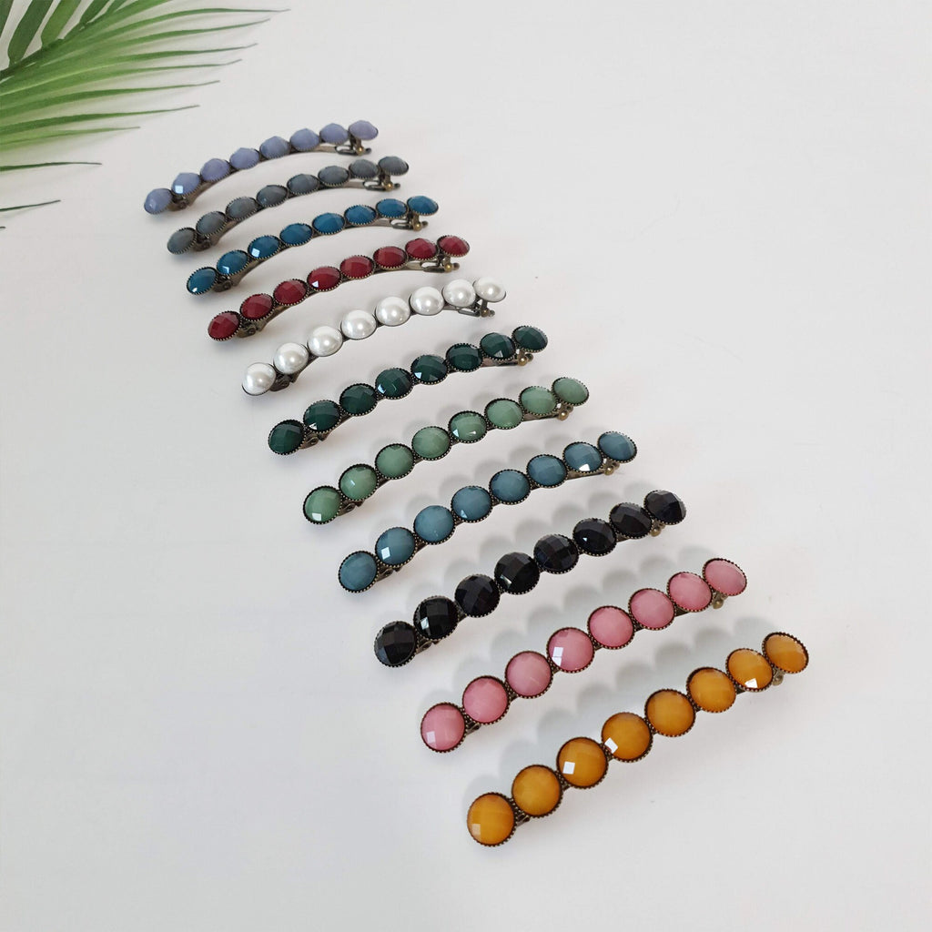 Circle Formica Hair Barrette (3.2 Inch) / Diamond Cut Formica Stone Decorated Barrette / Vintage Antique Hair Accessory / Automatic Hair Pin