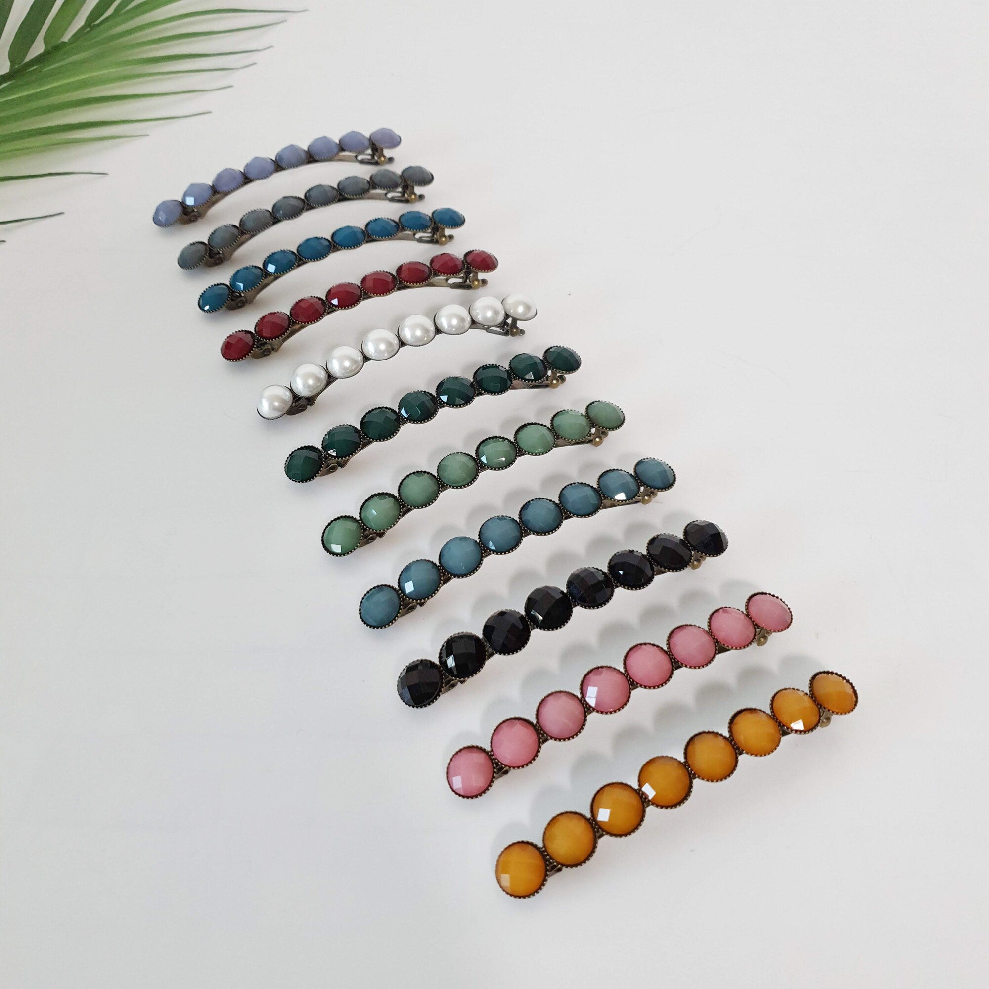 Circle Formica Hair Barrette (3.2 Inch) / Diamond Cut Formica Stone Decorated Barrette / Vintage Antique Hair Accessory / Automatic Hair Pin