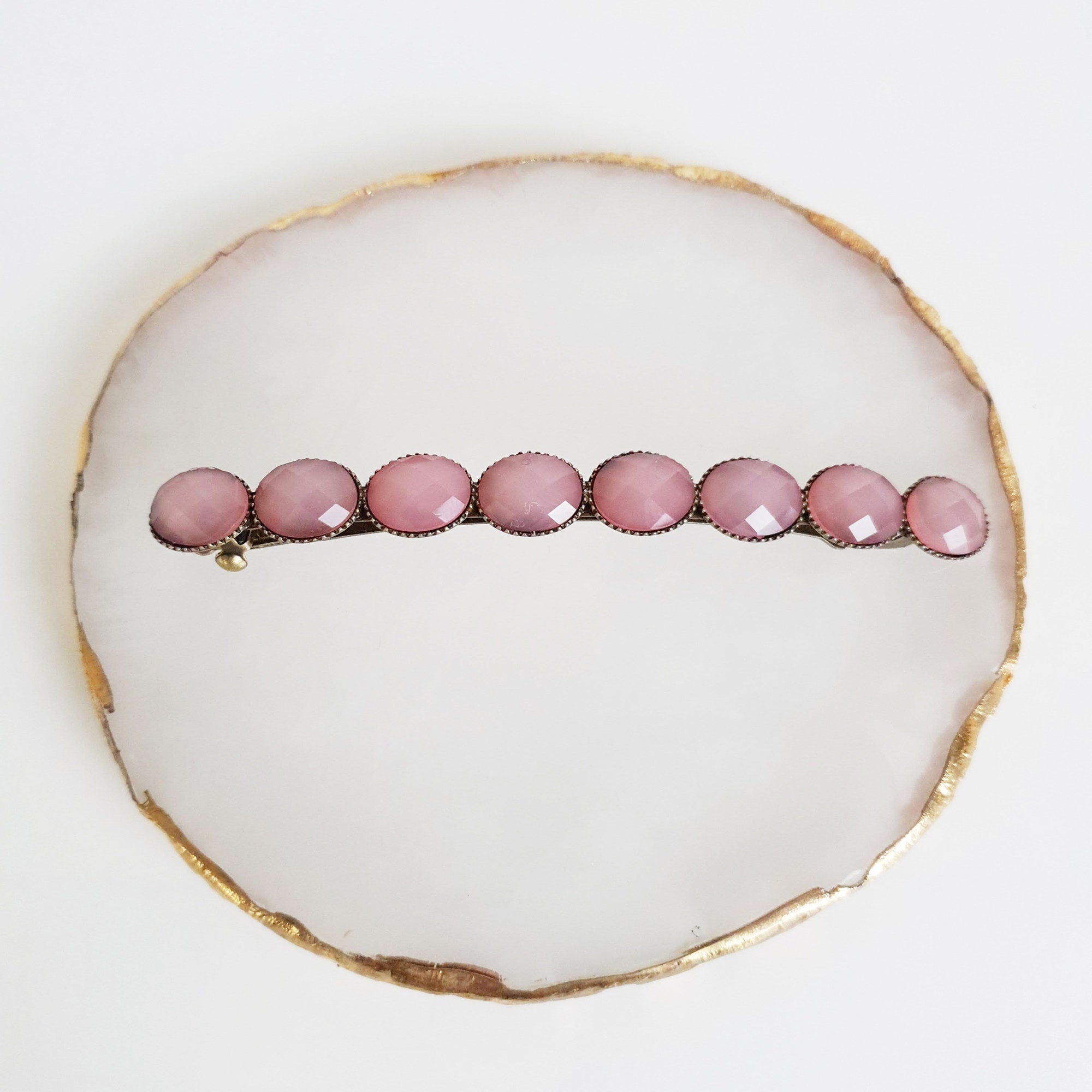 Oval Formica Hair Barrette (3.2 Inch) / Diamond Cut Formica Stone Decorated Barrette / Hair Accessory for Woman / Automatic Hair Pin