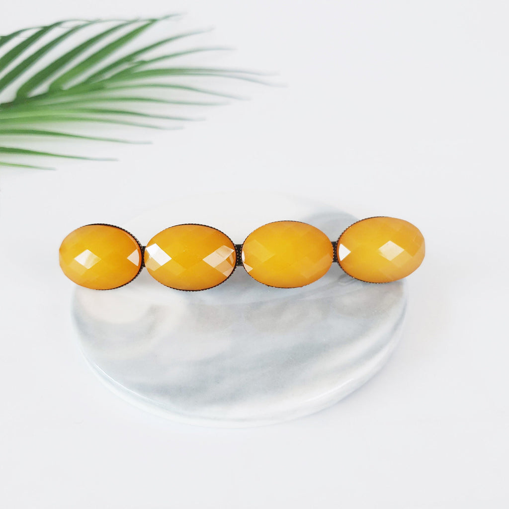 Big Oval Formica Hair Barrette (4.0 Inch) / Diamond Cut Formica Stone Decorated Barrette / Automatic Hair Pin