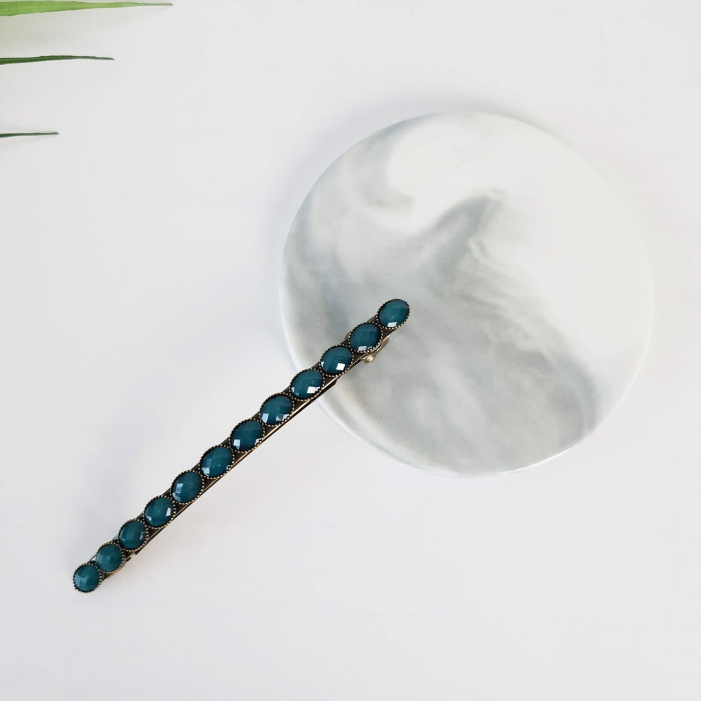 Oval Formica Hair Barrette (4.0 Inch) / Diamond Cut Formica Stone Decorated Barrette / Vintage Antique Hair Accessory / Automatic Hair Pin