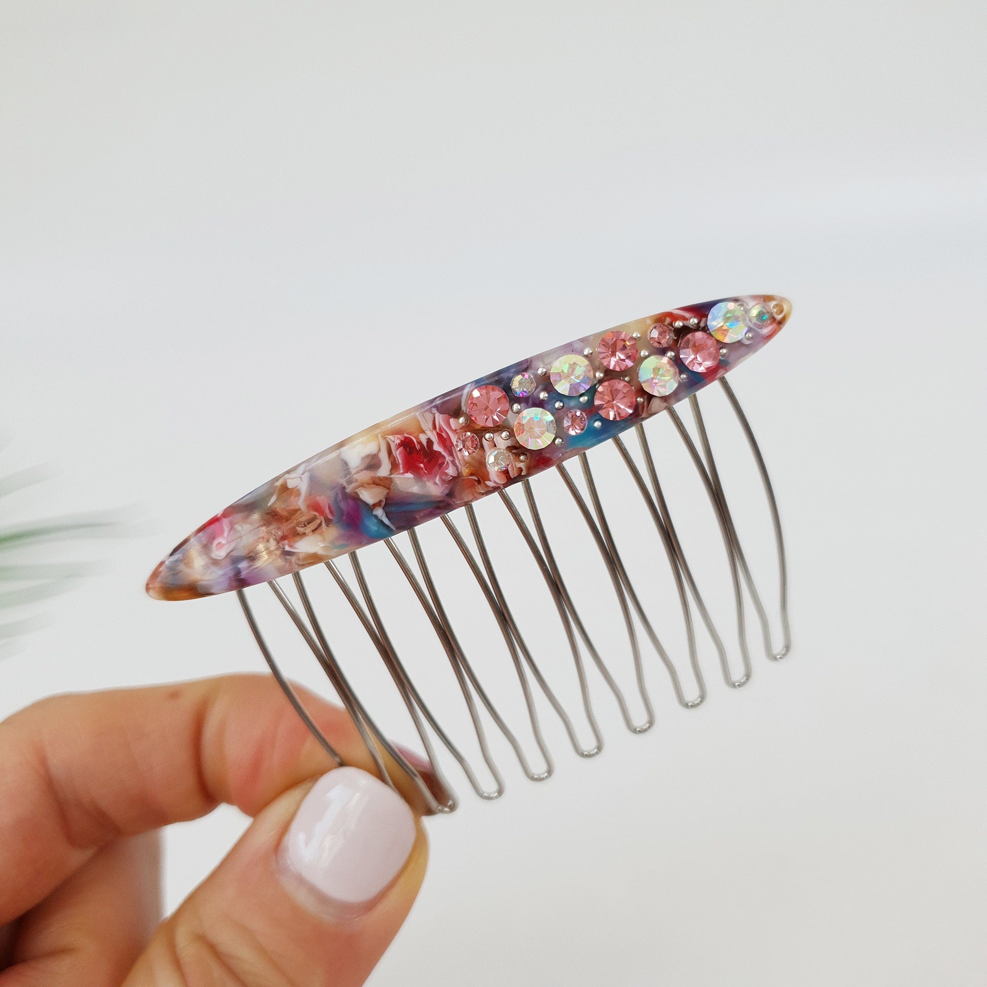 Tortoise Shell Long Oval Hair Comb Pin with Cubic / Vintage French Hair Pin / Hair Fork for Woman