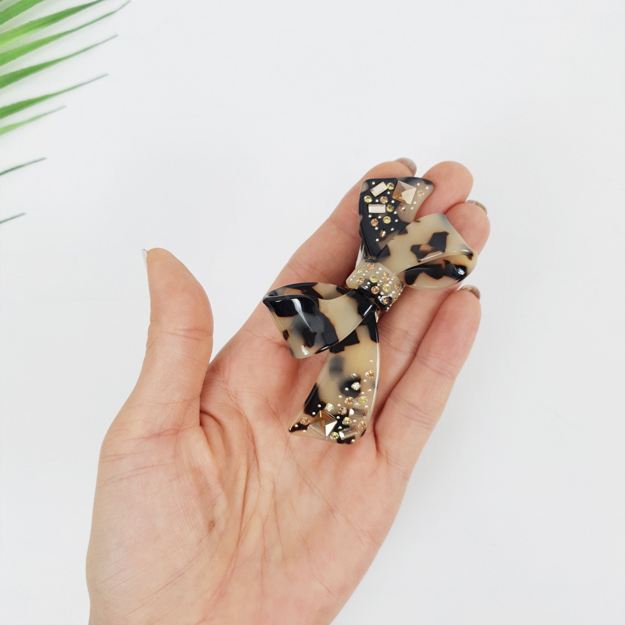 Tortoise Shell Big Double Ribbon Hair Barrette (3.5 Inch) / Luxurious Cellulose French Hair Pin / Automatic Hair Clip for Woman