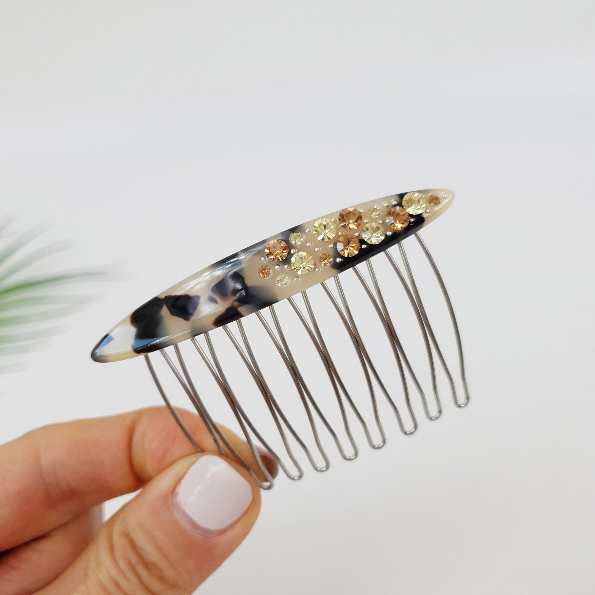 Tortoise Shell Long Oval Hair Comb Pin with Cubic / Vintage French Hair Pin / Hair Fork for Woman