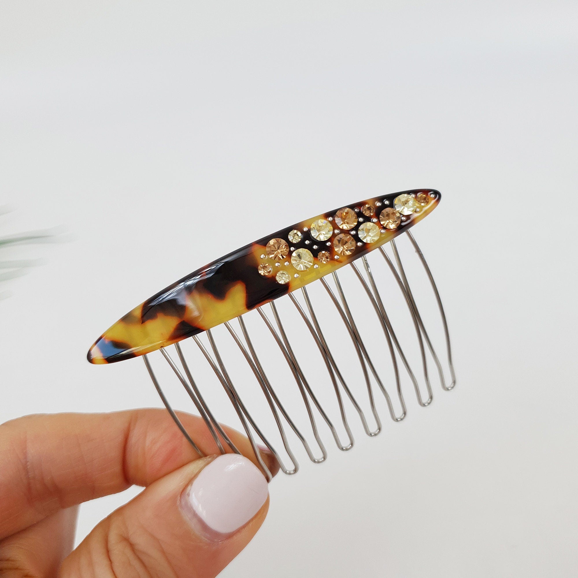 Tortoise Shell Long Oval Hair Comb Pin with Cubic / Vintage French Hair Pin / Hair Fork for Woman