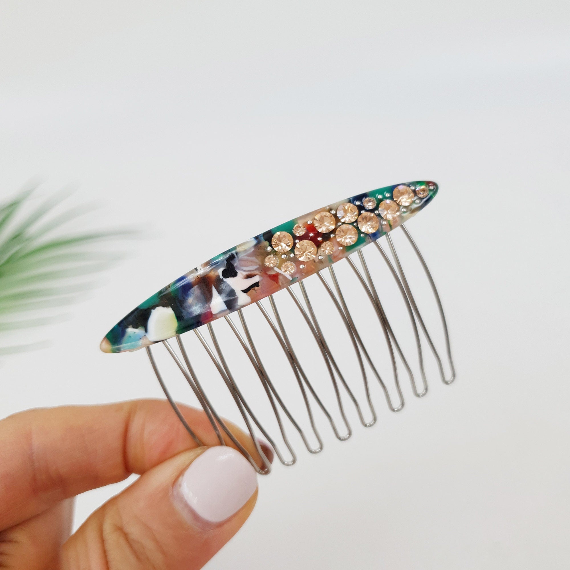 Tortoise Shell Long Oval Hair Comb Pin with Cubic / Vintage French Hair Pin / Hair Fork for Woman