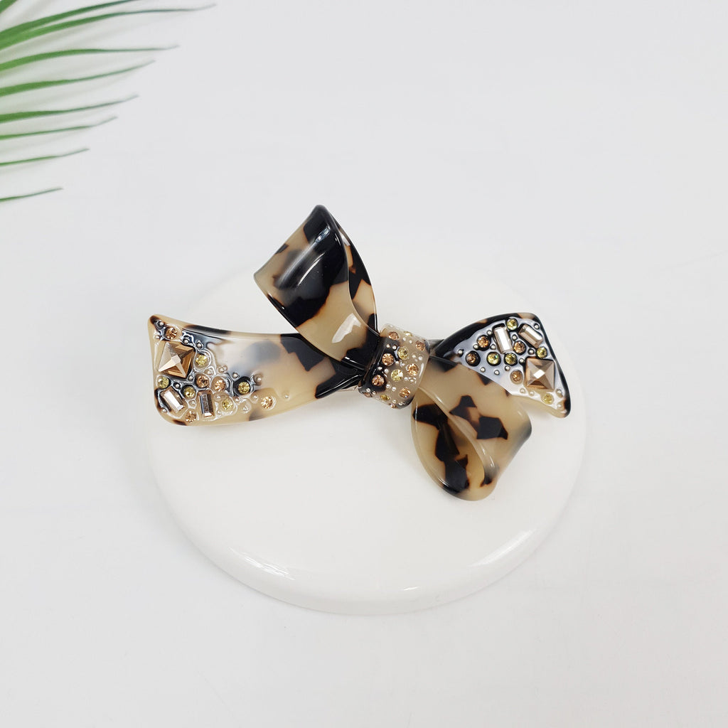 Tortoise Shell Big Double Ribbon Hair Barrette (3.5 Inch) / Luxurious Cellulose French Hair Pin / Automatic Hair Clip for Woman